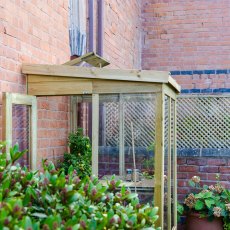 4x4 Forest Wallscape Lean To Wooden Greenhouse With Open Back - Pressure Treated - in situ close up