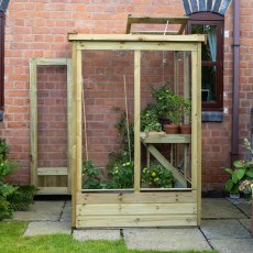 4x4 Forest Wallscape Lean To Wooden Greenhouse With Open Back - Pressure Treated - in situ side view, doors open