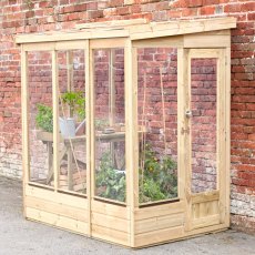 4 X 6 Forest Wallscape Lean To Greenhouse With Open Back - Pressure Treated - in situ, angle view, door closed