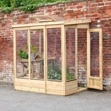 4 X 6 Forest Wallscape Lean To Greenhouse With Open Back - Pressure Treated - in situ, angle view, doors open