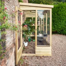 4 X 8 Forest Wallscape Lean To Greenhouse With Open Back - Pressure Treated - in situ, front view, doors open