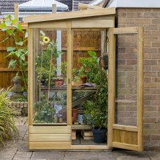 4 x 4 Forest Wallscape Lean To Greenhouse With Solid Back - Pressure Treated - in situ, front view, doors open