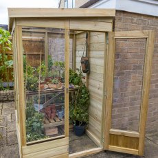 4 x 4 Forest Wallscape Lean To Greenhouse With Solid Back - Pressure Treated - in situ, front view, doors open