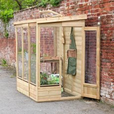 4 x 6 Forest Wallscape Lean To Greenhouse With Solid Back - Pressure Treated - in situ, angle view, doors open