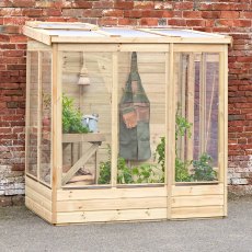 4 x 6 Forest Wallscape Lean To Greenhouse With Solid Back - Pressure Treated - in situ, angle view, door closed