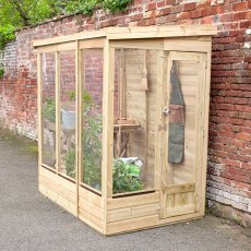 4 x 6 Forest Wallscape Lean To Greenhouse With Solid Back - Pressure Treated - in situ, angle view, doors closed