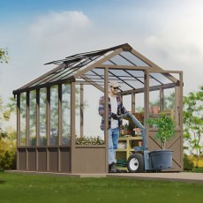 Palram Canopia Natura Cedar 8 x 12 Greenhouse - in situ, angle view, doors open