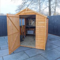 8 x 6 Mercia Ultra Value Overlap Shed - in situ, angle view, doors open