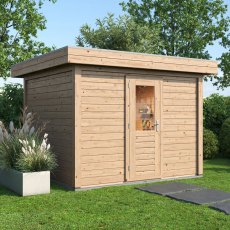 3m X 3m Lugarde Select Kent Pent Log Cabin Summerhouse In 28mm & 44mm Wall Thickness - in situ, angle view