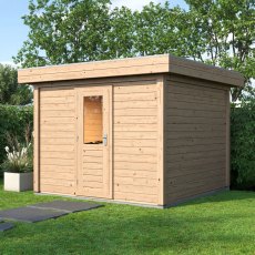 3m X 3m Lugarde Select Kent Pent Log Cabin Summerhouse In 28mm & 44mm Wall Thickness - in situ, angle view