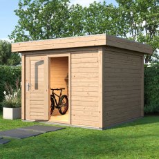 3m X 3m Lugarde Select Kent Pent Log Cabin Summerhouse In 28mm & 44mm Wall Thickness - in situ, angle view - doors open