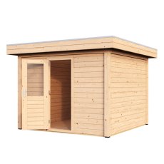 3m X 3m Lugarde Select Kent Pent Log Cabin Summerhouse In 28mm & 44mm Wall Thickness - isolated angle view, doors open