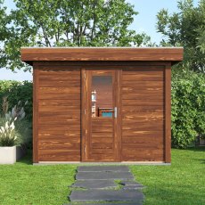 3m X 3m Lugarde Select Kent Pent Log Cabin Summerhouse In 28mm & 44mm Wall Thickness - Treated Brown - in situ, front view