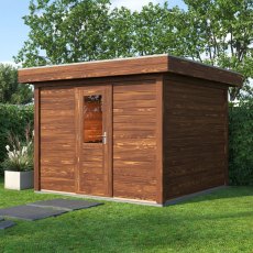 3m X 3m Lugarde Select Kent Pent Log Cabin Summerhouse In 28mm & 44mm Wall Thickness - Treated Brown - in situ, angle view, doors closed