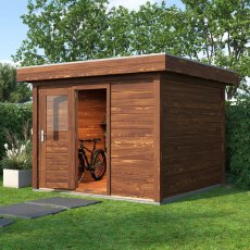 3m X 3m Lugarde Select Kent Pent Log Cabin Summerhouse In 28mm & 44mm Wall Thickness - Treated Brown - in situ, angle view, doors open