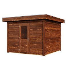 3m X 3m Lugarde Select Kent Pent Log Cabin Summerhouse In 28mm & 44mm Wall Thickness - Treated Brown - isolated angle view, door closed