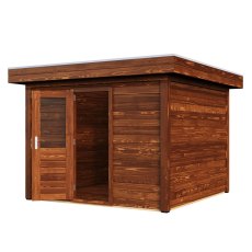 3m X 3m Lugarde Select Kent Pent Log Cabin Summerhouse In 28mm & 44mm Wall Thickness - Treated Brown - isolated angle view, door open