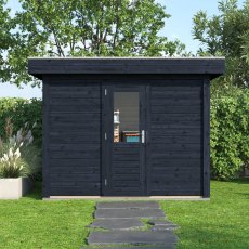 3m X 3m Lugarde Select Kent Pent Log Cabin Summerhouse In 28mm & 44mm Wall Thickness - Treated Black - in situ front view