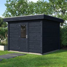 3m X 3m Lugarde Select Kent Pent Log Cabin Summerhouse In 28mm & 44mm Wall Thickness - Treated Black - in situ angle view, doors closed