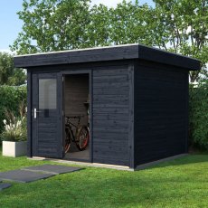 3m X 3m Lugarde Select Kent Pent Log Cabin Summerhouse In 28mm & 44mm Wall Thickness - Treated Black - in situ angle view, doors open