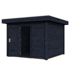 3m X 3m Lugarde Select Kent Pent Log Cabin Summerhouse In 28mm & 44mm Wall Thickness - Treated Black - isolated angle view, doors open