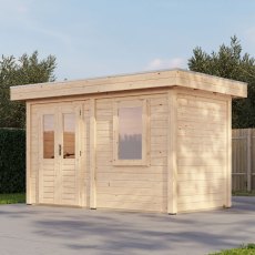 4m X 2m Lugarde Select Aberdeen Pent Log Cabin Summerhouse In 28mm & 44mm Wall Thickness - in situ, closed doors