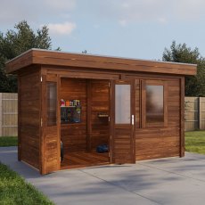 4m X 2m Lugarde Select Aberdeen Pent Log Cabin Summerhouse In 28mm & 44mm Wall Thickness - Brown - in situ, side view, doors open