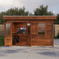 4m X 2m Lugarde Select Aberdeen Pent Log Cabin Summerhouse In 28mm & 44mm Wall Thickness - Brown - in situ, front view, doors open