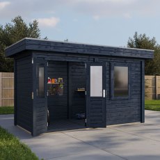 4m X 2m Lugarde Select Aberdeen Pent Log Cabin Summerhouse In 28mm & 44mm Wall Thickness - Black - in situ, angle view, doors open