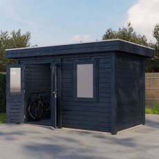 4m X 2m Lugarde Select Aberdeen Pent Log Cabin Summerhouse In 28mm & 44mm Wall Thickness - Black - in situ, angle view, doors open