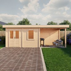 4m X 5m Lugarde Dublin Pent Log Cabin Summerhouse With Side Canopy In 28mm & 44mm Wall Thickness - in situ, front view