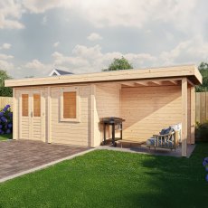 4m X 5m Lugarde Dublin Pent Log Cabin Summerhouse With Side Canopy In 28mm & 44mm Wall Thickness - in situ, angle view, doors closed