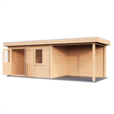 4m X 5m Lugarde Dublin Pent Log Cabin Summerhouse With Side Canopy In 28mm & 44mm Wall Thickness - isolated angle view, doors open