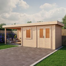 4m X 5m Lugarde Dublin Pent Log Cabin Summerhouse With Side Canopy In 28mm & 44mm Wall Thickness - in situ, angle view