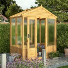 4 X 6 Mercia Woodsman Wooden Greenhouse - Polycarbonate - in situ, angle view, doors open