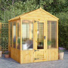 6 X 6 Mercia Woodsman Wooden Greenhouse - Polycarbonate - in situ, angle view, doors closed