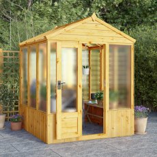 6 X 6 Mercia Woodsman Wooden Greenhouse - Polycarbonate - in situ, angle view, doors open