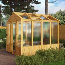 8 X 6 Mercia Woodsman Wooden Greenhouse - Polycarbonate - in situ, angle view, doors open