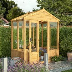 4 X 6 Mercia Woodsman Wooden Greenhouse - Styrene - in situ, angle view, doors open