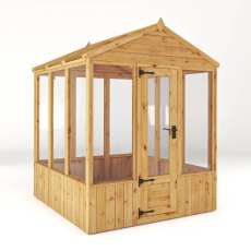 6x6 Mercia Woodsman Wooden Greenhouse - Styrene - isolated angle view, door open