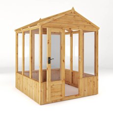 6x6 Mercia Woodsman Wooden Greenhouse - Styrene - isolated angle view, door closed