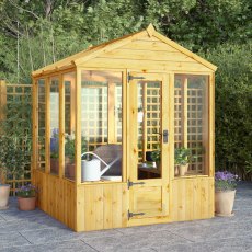 6x6 Mercia Woodsman Wooden Greenhouse - Styrene - in situ, angle view, doors closed