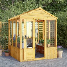 6x6 Mercia Woodsman Wooden Greenhouse - Styrene - in situ, angle view, doors open