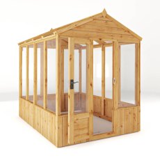 8 X 6 Mercia Woodsman Wooden Greenhouse - Styrene - isolated angle view, doors open