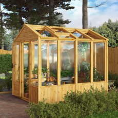 8 X 6 Mercia Woodsman Wooden Greenhouse - Styrene - in situ - angle view, doors open