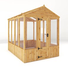 8 X 6 Mercia Woodsman Wooden Greenhouse - Styrene - isolated angle view, doors closed