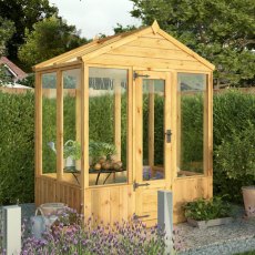 4 x 6 Mercia Woodsman Wooden Greenhouse - Toughened Glass - in situ, angle view, doors closed