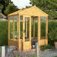 4 x 6 Mercia Woodsman Wooden Greenhouse - Toughened Glass - in situ, angle view, doors open