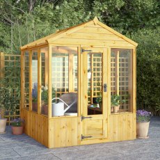 6 X 6 Mercia Woodsman Wooden Greenhouse - Toughened Glass - in situ, angle view