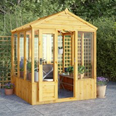 6 X 6 Mercia Woodsman Wooden Greenhouse - Toughened Glass - in situ, angle view, doors open